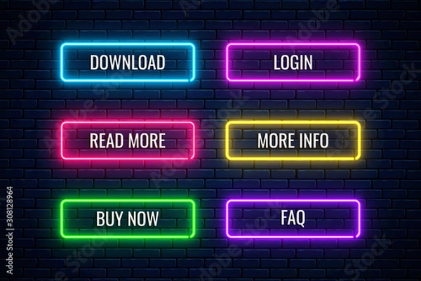 Fototapeta Glow neon buttons for web design. Set of website button. Vector shiny design elements. Action signs for internet use