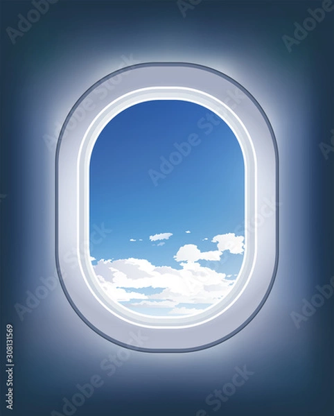 Obraz Vector airplane window. Airplain illuminator and sky