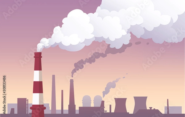 Fototapeta Factory landscape with pipes. Cartoon flat style. Vector illustration