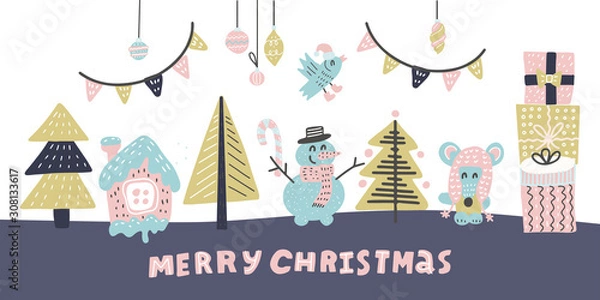 Obraz Couple of animals in the winter forest. A snowman and a mouse prepared gifts for a friend. Friends stand under a decorated Christmas tree. new year doodle illustration.