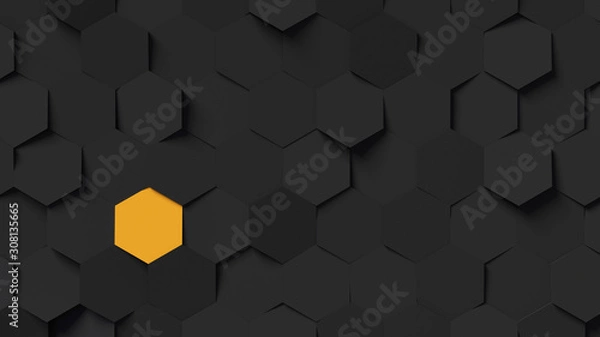Obraz Abstract black hexagon background with single yellow field; honeycomb pattern isolation concept 3d rendering, 3d illustration
