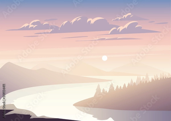 Fototapeta Vector landscape with a river among the forest illustration. Sunset.