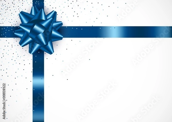 Obraz Vector festive template with classic blue shiny gift bow, ribbon and glitter. Realistic blue bow and ribbon isolated on white background with copy space. Greeting card, gift, voucher, promotion, label