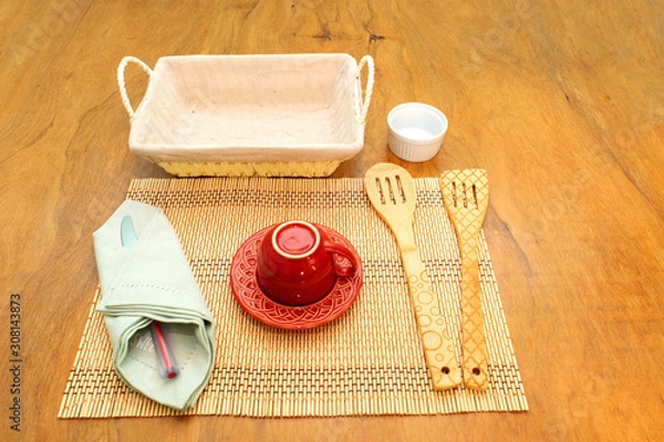 Obraz  Table set with crockery and kitchen elements