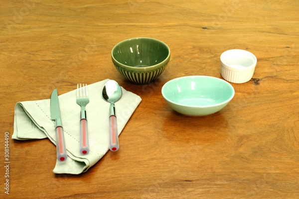 Obraz  Table set with crockery and kitchen elements
