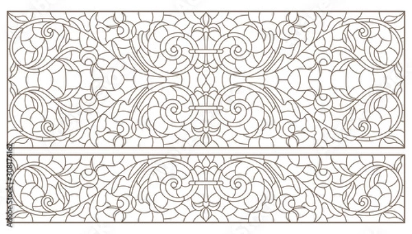 Fototapeta Set contour illustrations of stained glass with abstract swirls and flowers , horizontal orientation
