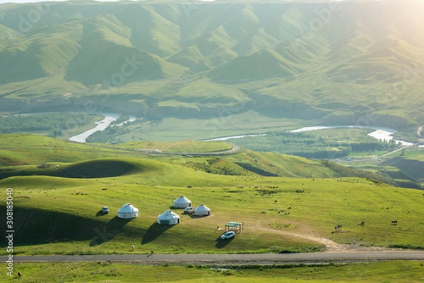 Fototapeta Scenery of alpine meadows with ranges inTien Shan mountains in Xinjiang of China