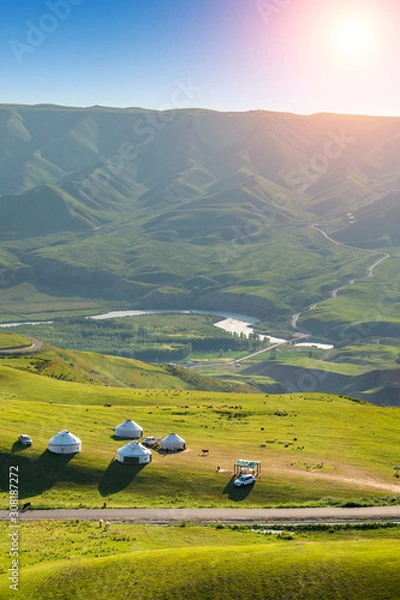 Fototapeta Scenery of alpine meadows with Mongolian yurts under sunlight