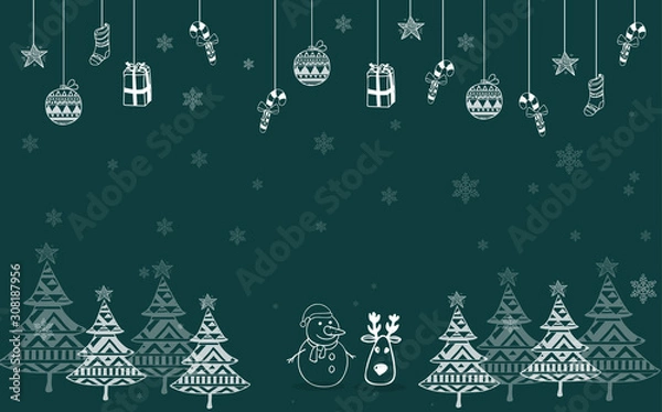 Obraz Illustration of Winter and Christmas tree. Christmas balls and other Christmas decorations with a dark blue background. Merry Chrismast and Happy New Year greeting
