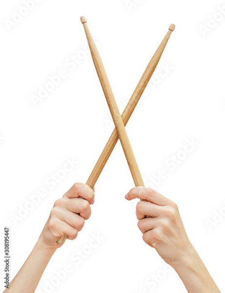 Fototapeta Woman's hands holding drum sticks. Isolated on white.