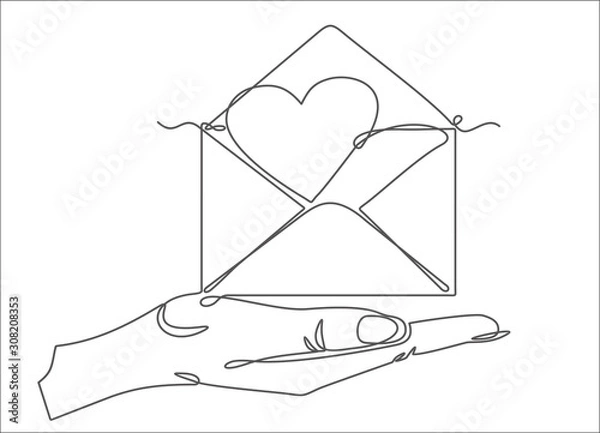 Fototapeta One continuous line drawing of hand holding Heart in envelope. Vector illustration. St.  Valentine's Day