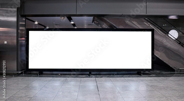 Fototapeta Airport hall billboard mock up with white screen, alpha channel. Business concept, indoor board, empty frame.