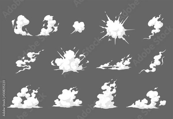 Fototapeta Ilustracja dymu dla szablonu efektów specjalnych. Chmury pary, mgła, opary, mgła, kurz, eksplozja lub para Element 2D VFX Clipart do animacji
