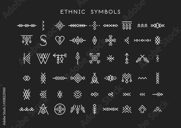 Fototapeta Vector set of line art symbols for logo design and lettering in boho and hipster style.