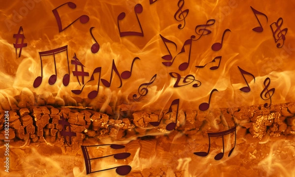 Fototapeta Ilustración que representa una cantidad de notas musicales quemándose en las llamas de un fuego.