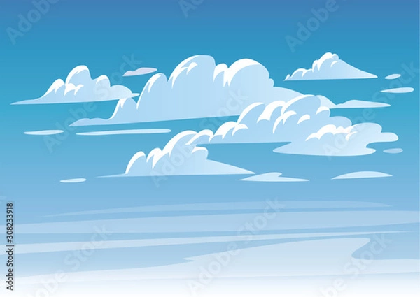 Fototapeta Vector blue sky clouds. Anime clean style. Background design