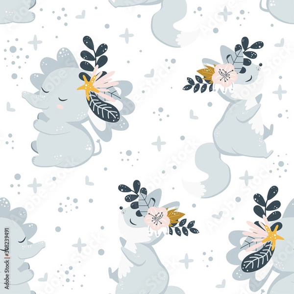 Obraz seamless pattern with animals and flowers on the white background - vector illustration, eps