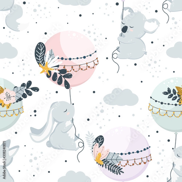 Obraz seamless pattern with flying animals on balloons - vector illustration, eps