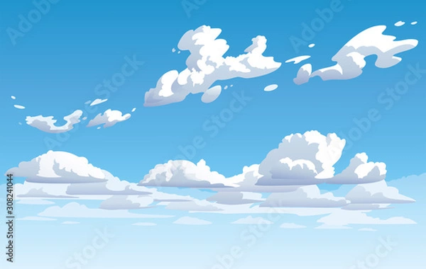 Fototapeta Vector blue cloudy sky. Anime clean style. Background design