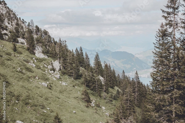 Fototapeta Panorama view of mountains scene from top Pilatus Kulm in Lucerne