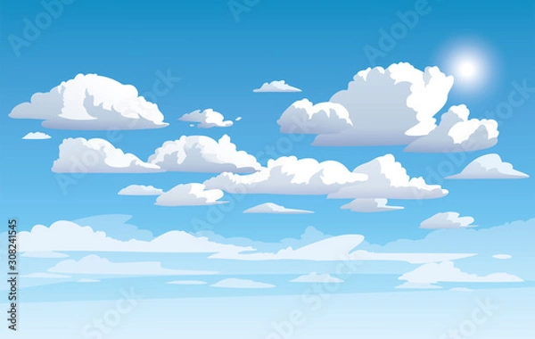 Fototapeta Vector blue cloudy sky. Anime clean style. Background design