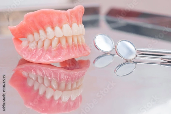 Fototapeta Two dentures.  Instruments and dental hygienist checkup concept with teeth model dentures and mouth mirror. Regular dentist checkups
