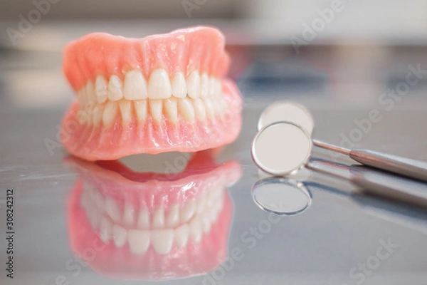 Fototapeta Two dentures.  Instruments and dental hygienist checkup concept with teeth model dentures and mouth mirror. Regular dentist checkups