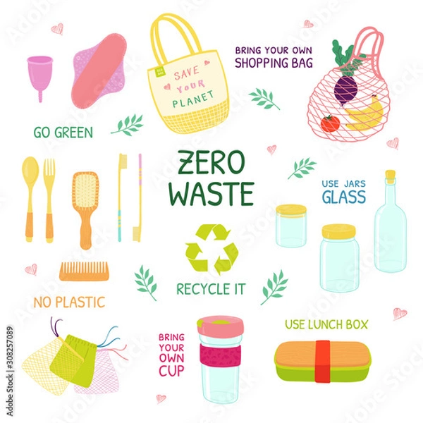 Obraz Zero waste.Vector set about environmental protection.