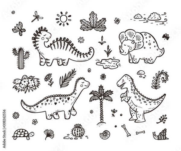 Fototapeta Extinct animals. Cute Cartoon Dinosaur Vector set. Hand drawn doodle Dinosaurs: Tiranossauro Rex, Triceratops, Stegosaurus, Diplodocus and Plants. No Fill Color