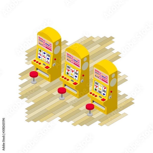 Obraz 3台の黄色いスロットマシンの等角投影図