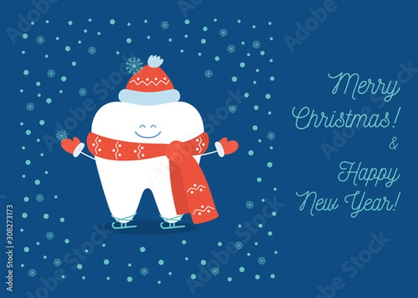 Fototapeta Tooth is wearing in a red hat, scarf, gloves and skates, illustration of winter fun. Christmas greeting card from a dentistry.