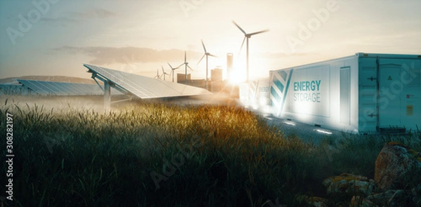Fototapeta Rozwiązanie systemu energii odnawialnej inteligentnej sieci dla przyszłych inteligentnych miast o zachodzie słońca. Renderowanie 3d