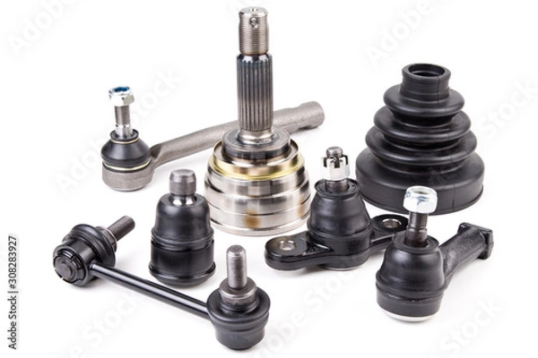 Obraz Suspension spare parts for cars isolated on white background. New car parts.