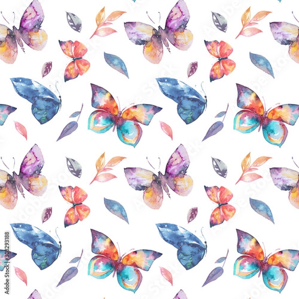 Fototapeta Watercolor butterflies seamless pattern 