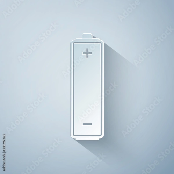 Fototapeta Paper cut Battery icon isolated on grey background. Paper art style. Vector Illustration