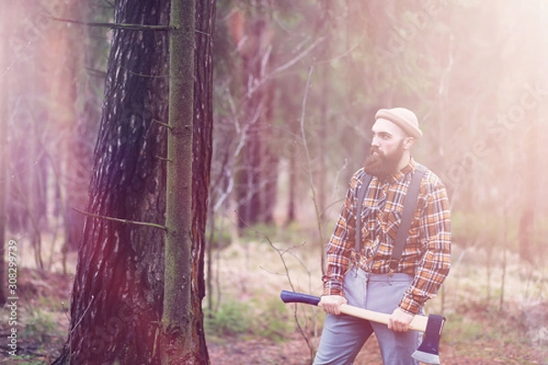 Fototapeta A bearded lumberjack with a large ax