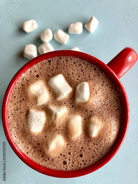 Fototapeta top view of a red mug with hot chocolate and marshmallows