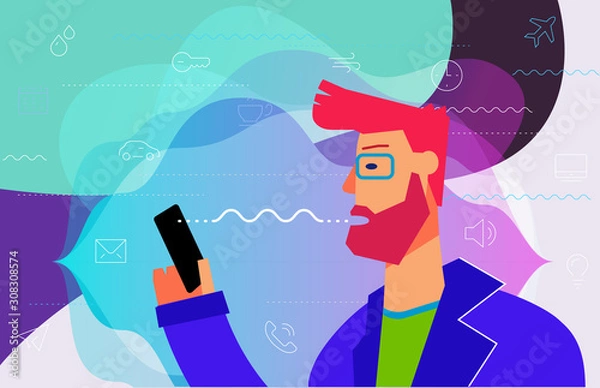 Fototapeta Using voice assistant Concept Banner. Trendy Character Design Illustration