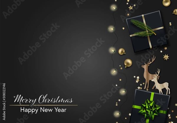 Obraz Merry Christmas and Happy New Year card. Xmas composition with bauble balls, gift boxes, fir branch and wooden deers. Winter holidays decorative border. Vector illustration