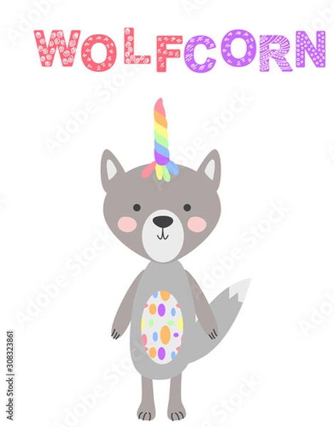 Obraz grey wolf-unicorn isolated on white background. Concept for children design, baby shower card. Cute forest animals in scandinavian and folk style.