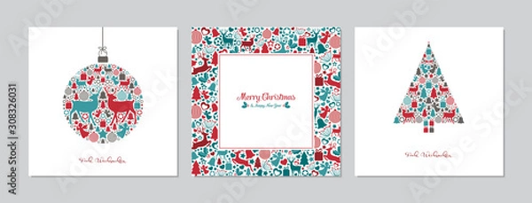 Fototapeta Merry Christmas square cards set with bauble, tree and christmas pattern. Doodles and sketches vector Christmas illustrations.
