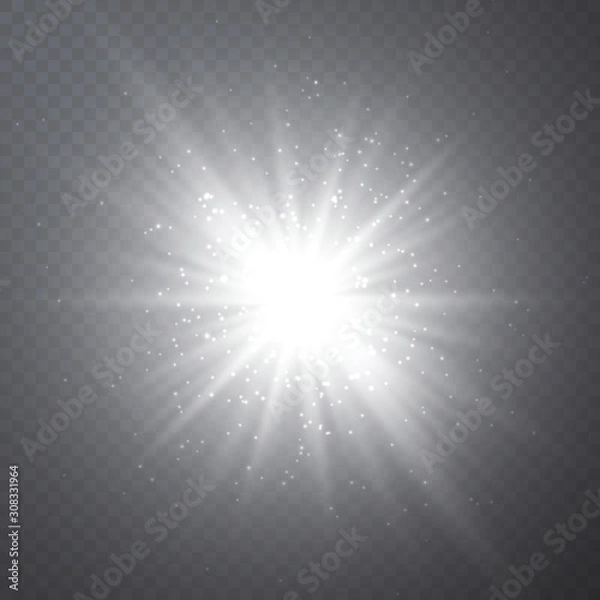 Obraz Glow light effect. Starburst on dark transparent background. Vector illustration