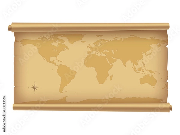 Obraz Parchment with worldmap isolated on white. Vector illustration.
