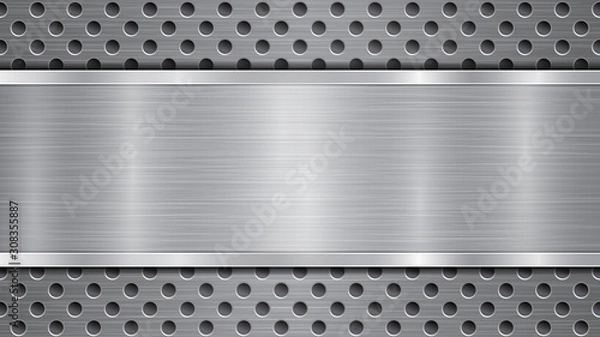 Fototapeta Background in gray colors, consisting of a metallic perforated surface with holes and a polished plate with metal texture, glares and shiny edges