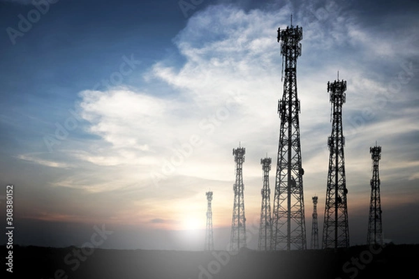 Fototapeta Telecommunication tower with sunset background Communicate
