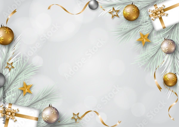 Obraz Gray Chrismas background with border of pine tree, gift boxes, gold stars, ribbons, decorative ball.Merry Christmas and happy new year concept vector art, illustration.