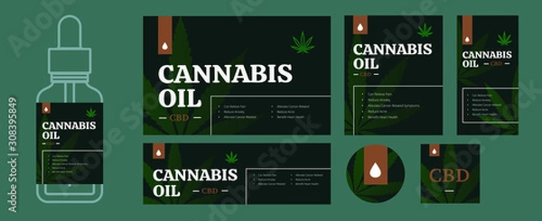 Fototapeta CBD oil packaging design template bundle. Legal cannabis labels in different size. Hemp leave and herb drop for presentation or print. Medical matijuana isolated vector illustration. 
