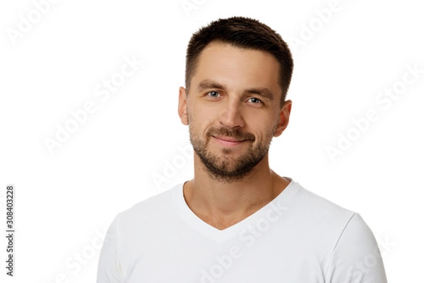 Fototapeta Close-up portrait of smiling handsome bearded man in white shirt looking at camera isolated on white background