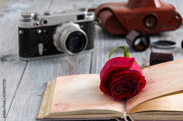 Fototapeta A beautiful red rose lies on a gray wooden table against the background of films from the camera and an old camera and an opened book. Old camera, bag and films on a gray wooden table.