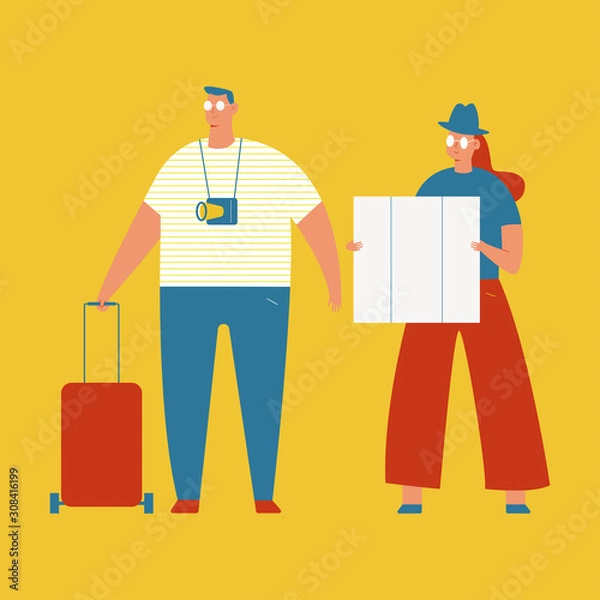 Fototapeta Travel vector concept illustration with couple tourists characters isolated on a white background.